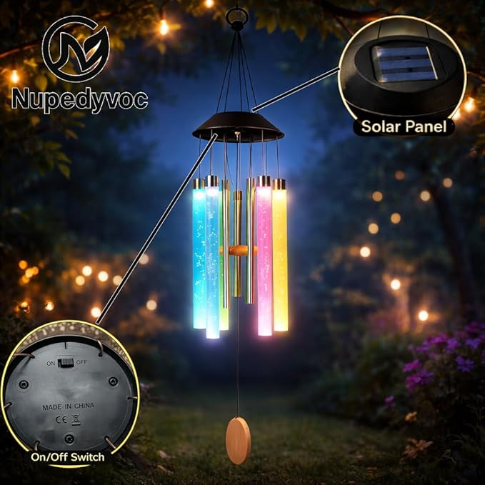 38” Bubble Column Aluminum Tube Solar Light LED Wind Chime for Outside, Weather Resistant Outdoor Garden Patio Soft Tone Decor, Ideal Gift for Birthday, Mother's Day, Meditation, Relaxation