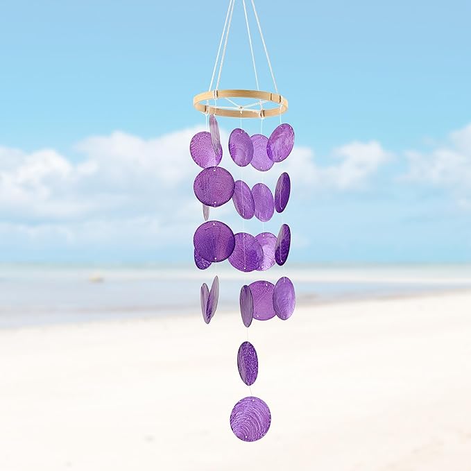 Capiz Wind Chimes for Outside, Outdoor Seashell Hanging Beach Coast Ocean Home Decorative, Unique Natural Shell Waterfall Windchimes for Summer Patio, Great Memorial Sympathy Gift（Purple