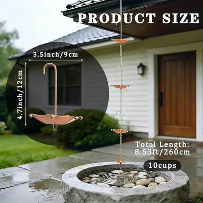 8.5FT Rain Chains with 10 Umbrella Rain Chain Cups, Rain Catcher for Gutters, Decorative Copper Rainwater Diverter Rain Chimes for Garden Decor, Replacement for Outside Gutter Downspouts in Spring