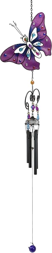 Ebros Gift Colorful Stained Glass Flitting Purple Mariposa Butterfly with Gems and Copper Metal Wind Chime 34.75" Long Resonant Noisemaker Mobile Outdoor Patio Garden Decor Accessory