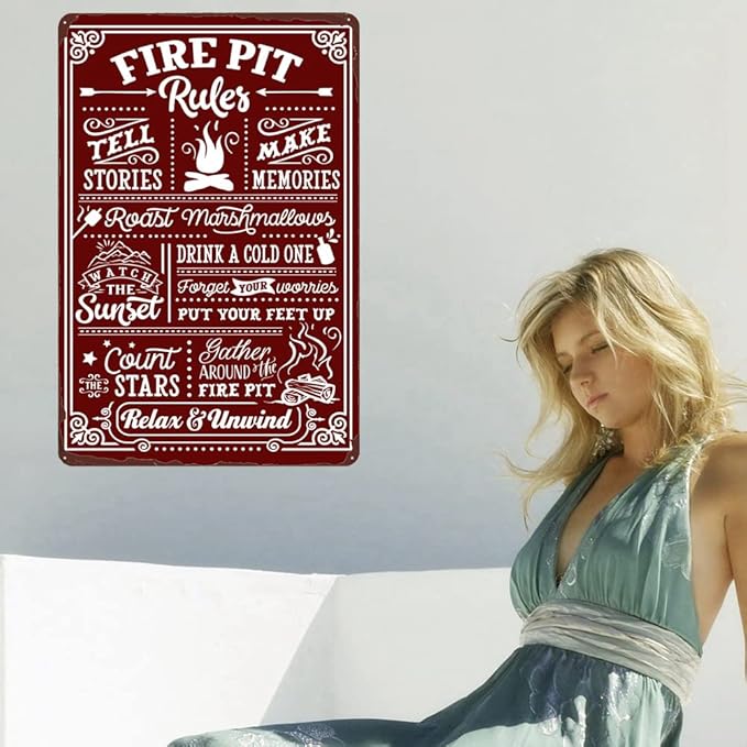 Fire Pit Rules Vintage Metal Tin Sign, Eat Drink and Roast, Relax and Unwind, Art Poster Funny Wall Decoration for Outdoor Yard 12x8 Inch