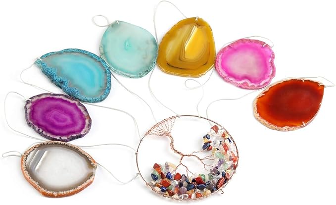 Yoption Tree of Life Agate Slices Memorial Wind Chime, 7 Chakra Natural Crystal Windchimes for Home Garden Decoration Ornament, 15.7-17.7 inch