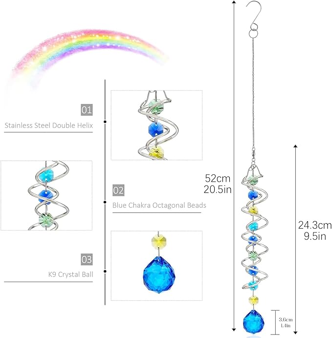 H&D HYALINE & DORA Gazing Ball Spiral Tail Wind Spinner Spiral Blue Crystal Ball with Hook Sun Catcher Rainbow Maker Hanging Decor for Yard Garden Rotating Art 20.5 "