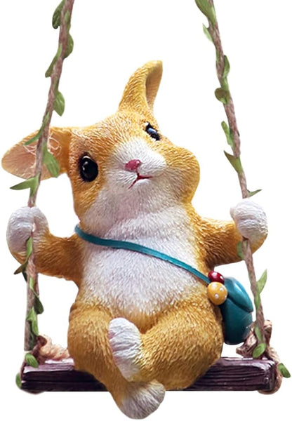WAYUTO Swing Garden Rabbit Statue Ornament Decorative Hanging Hammock Animal Figurines Cute Resin Rabbit Figure Outdoor Funny Garden Decor for Patio Yard Lawn Fence Pathway Backyard Landscape Tree
