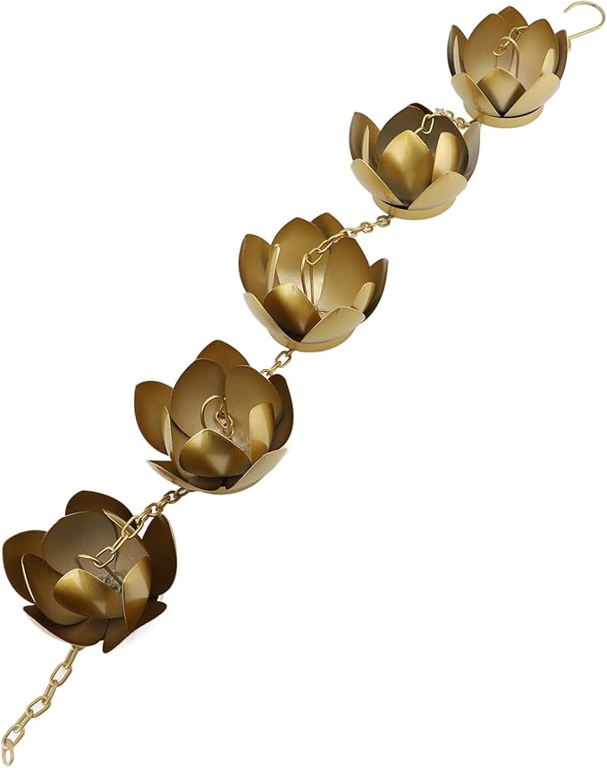 Zerodis Rain Chains Plated Rain Chain Cups Gold Flower Galvanized Iron Proof Rain Catcher Chain for Home Outdoor Decoration Chains Decorative Iron Gutter Chain Copper