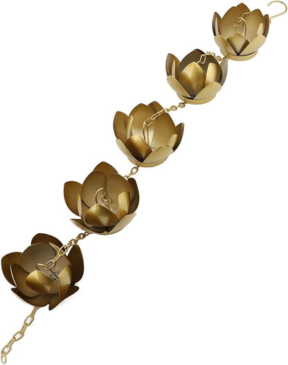 Zerodis Rain Chains Plated Rain Chain Cups Gold Flower Galvanized Iron Proof Rain Catcher Chain for Home Outdoor Decoration Chains Decorative Iron Gutter Chain Copper