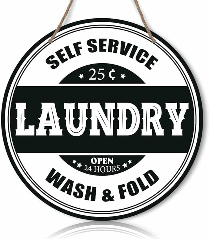 Laundry Round Rustic Wood Sign Plaque Self Service Wash Fold Vintage Wall Wooden Hanging Sign Decor for Home Kitchen Living Room Farmhouse Garden Front Door Entryway Porch Yard 12 Inch