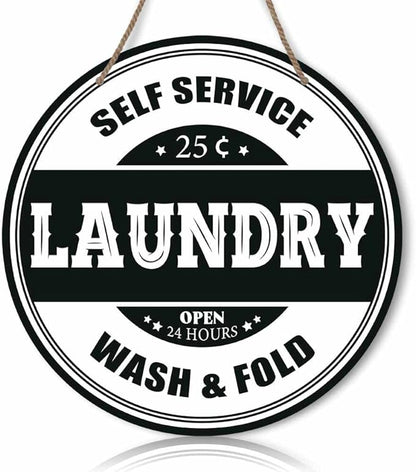 Laundry Round Rustic Wood Sign Plaque Self Service Wash Fold Vintage Wall Wooden Hanging Sign Decor for Home Kitchen Living Room Farmhouse Garden Front Door Entryway Porch Yard 12 Inch