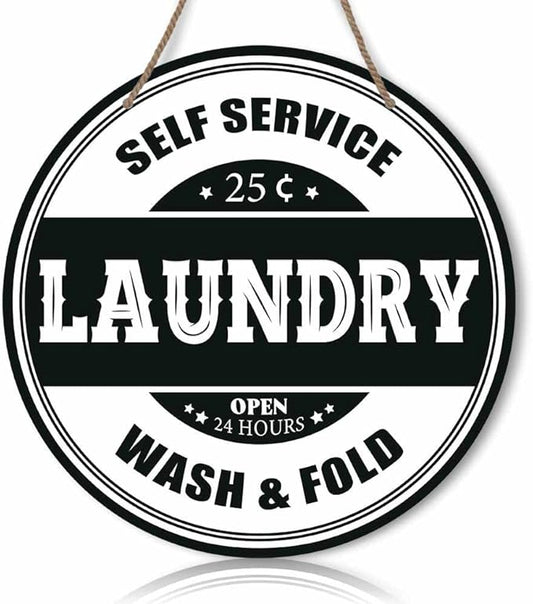 Laundry Round Rustic Wood Sign Plaque Self Service Wash Fold Vintage Wall Wooden Hanging Sign Decor for Home Kitchen Living Room Farmhouse Garden Front Door Entryway Porch Yard 12 Inch