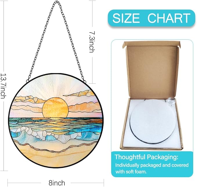 Beach Sunset Suncatcher Stained Glass Window Hanging - 8″ Handmade Ocean Suncatchers for Windows Hanging - Coastal Decor Sun Catchers Diamond Sea Glass Ornaments - Birthday Gifts for Women Mom Lovers