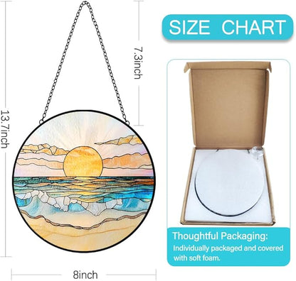 Beach Sunset Suncatcher Stained Glass Window Hanging - 8″ Handmade Ocean Suncatchers for Windows Hanging - Coastal Decor Sun Catchers Diamond Sea Glass Ornaments - Birthday Gifts for Women Mom Lovers
