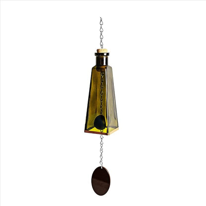 Blue Ridge Mountain Gifts Pyramid Bottle Wind Chime for Garden & Porch Decor w/Cooper Accent, Stained Wooden Ball, & Colorful Glass Bottles - Ideal for Wind Chime Lovers (Vintage Green)