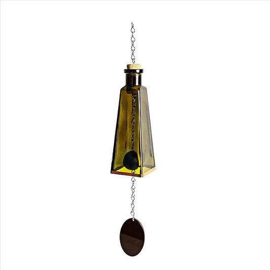 Blue Ridge Mountain Gifts Pyramid Bottle Wind Chime for Garden & Porch Decor w/Cooper Accent, Stained Wooden Ball, & Colorful Glass Bottles - Ideal for Wind Chime Lovers (Vintage Green)