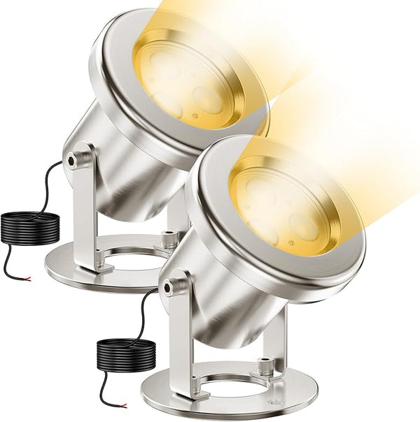 6W LED Pond Light, 2700K SS316 Stainless Steel Underwater Fountain Light with 15FT Cord, IP68 Waterproof Pond Lights LED Underwater for Outdoor Pond Waterfall Fountain Water Feature (2 Pack)