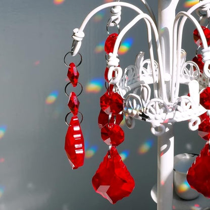 20pcs Chandelier Crystals Maple Leaf Prism Pendant Parts Connected Glass Octagon Beads Chain for Chandelier Decoration 38mm (Red)