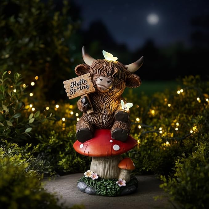 Smadeer Highland Cow Garden Statue with Solar Butterfly Lights, Spring Outdoor Highland Cow on Mushroom Butterfly Decoration for Yard, Patio, Lawn, Cows Figurine Housewarming Gift for Women, Mom