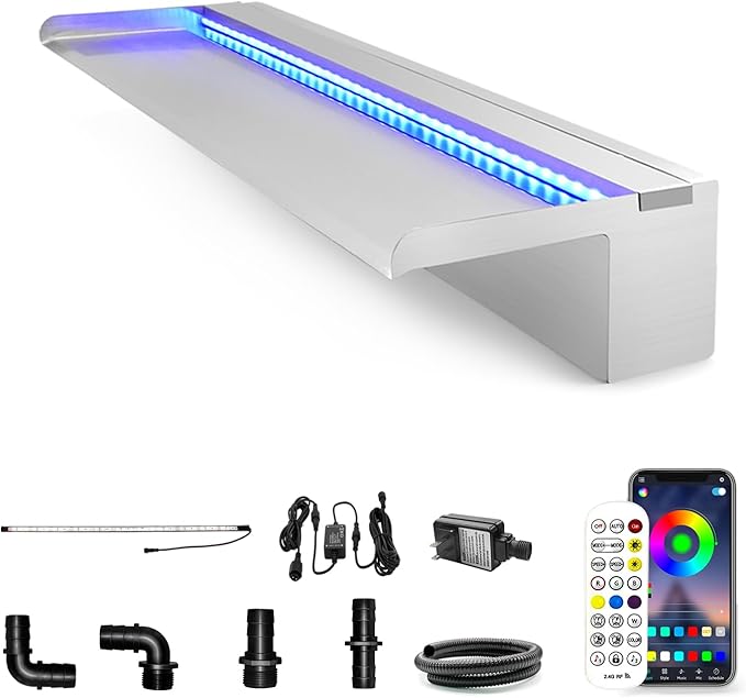 LONGRUN 60cm Pond Waterfall Blade,Stainless Steel Pool Fountain with RGB Bluetooth LED Light, Complete Waterfall & Stream Kits for Outdoor Water Features