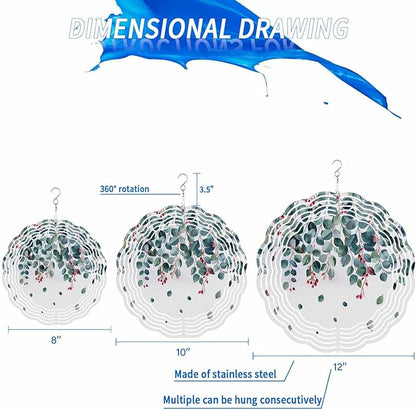 Stainless Steel Wind Spinner for Yard Garden Decoration, Leaves Branch Fruit Watercolor Spring Summer Round Wind Sculpture Spinner 3D Crafts Hanging Ornaments for Indoor Outdoor, 8 Inch