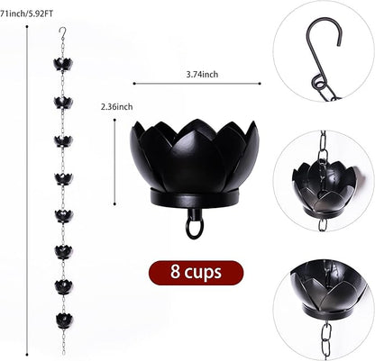 Topadorn Lotus Rain Chain for Gutters, Functional and Decorative Replacement for Gutter Downspouts, Adjustable Rain Catcher Chain with 8 Cup for Eaves Drainage, Black