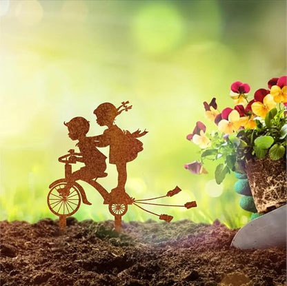 Rusty Metal Bicycle Art Silhouettes Garden Fence Decor Boy and Girl Robin Steel Country Garden Yard Art Gardening Decoration, MELI36