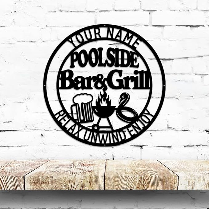MeMate Poolside Bar & Grill Sign, Outdoor Pool Decor, Large Metal BBQ Sign, Personalized for Backyard Patio Porch Deck, Custom Name Housewarming Gifts for Family Friends