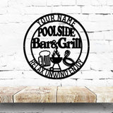 MeMate Poolside Bar & Grill Sign, Outdoor Pool Decor, Large Metal BBQ Sign, Personalized for Backyard Patio Porch Deck, Custom Name Housewarming Gifts for Family Friends