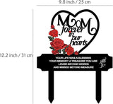 AIM & GGKK Metal Memorial Grave Marker for Mom - Heart Shaped Cemetery Decoration with Roses, Forever in Our Hearts Verse - 12.2" Tall Garden Stake for Gravesite