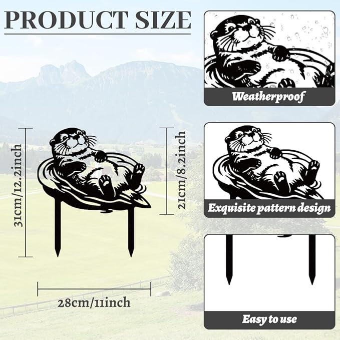 WADORN Cute Otter Metal Decorative Garden Stakes, Black Otter Outdoor Statues Silhouette Funny Wildlife Otters Lover Gifts Stakes Ornaments for All Season Yard Art Garden Patio Backyard Lawn Decors