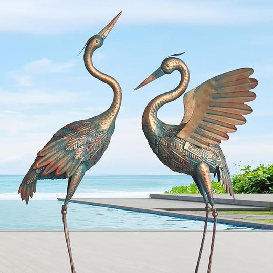 33-37 Inch Metal Crane Garden Statue Décor, Bird Heron Garden Sculpture & Statues, Outdoor Decoration for Yard Pond Lawn Backyard Pool, Vintage Spread Wings Crane, Set of 2 Copper