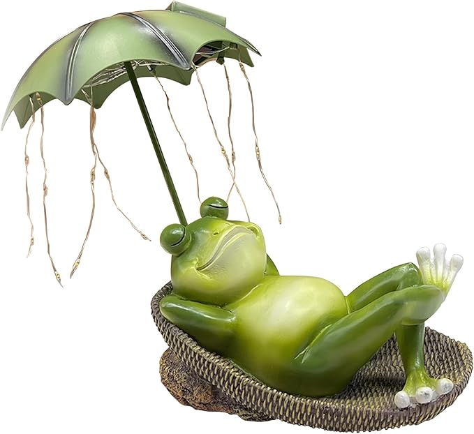 6.7" Solar Frog Garden Statue with Light Up Umbrella - IP65 Waterproof Resin Sculpture, Outdoor Figurine for Patio Yard Pond, Unique Gardening Gifts for Women/Mom