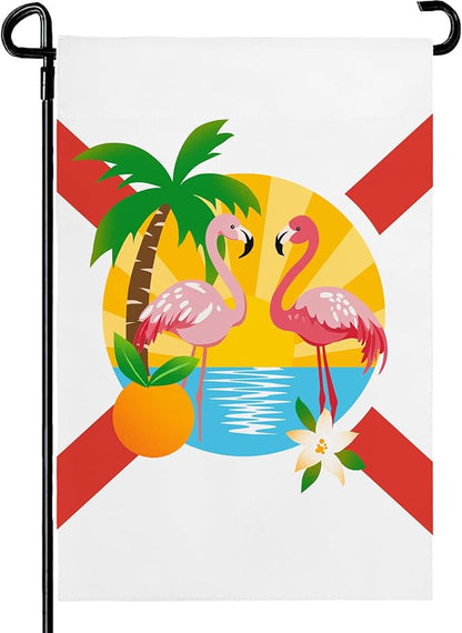 Florida Garden Flag Outdoor with Flamingos Palm Tree Orange Blossom Sunset Tropical Beach Scene House Banner Welcome Summer Spring Yard Porch Patio Seasonal Decoration Miami Vibes 12x18 Inch
