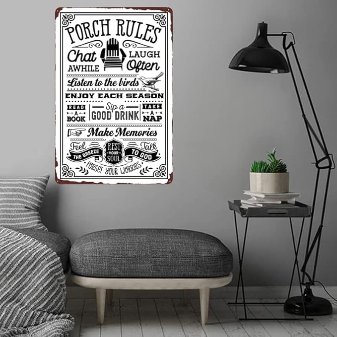 Porch Rules Vintage Metal Sign, Porch Decor Door Sign, Funny Porch Sign Rustic Wall Decor for Outdoor Yard 12x8 Inch