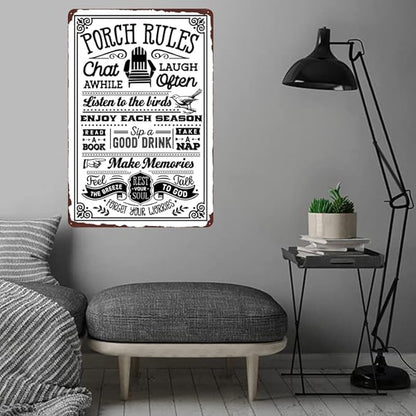 Porch Rules Vintage Metal Sign, Porch Decor Door Sign, Funny Porch Sign Rustic Wall Decor for Outdoor Yard 12x8 Inch