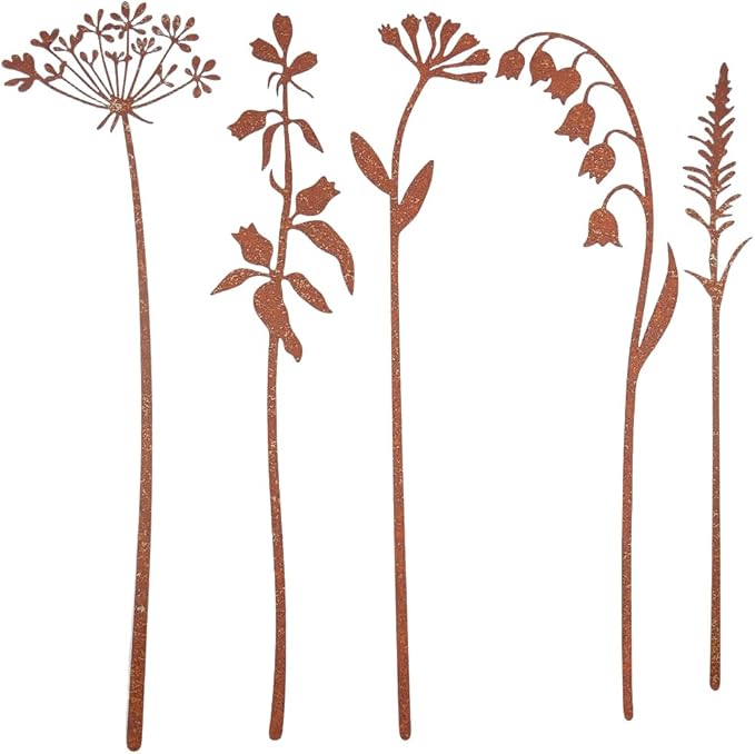 GORGECRAFT 5Pcs 5 Styles Metal Flower Garden Stakes Rusty Iron Rustic Plants Floral Leaf Shaped Art Decorative Signs Stake for Outside Lawn Yard Art Outdoor Walkway Potted Accessory