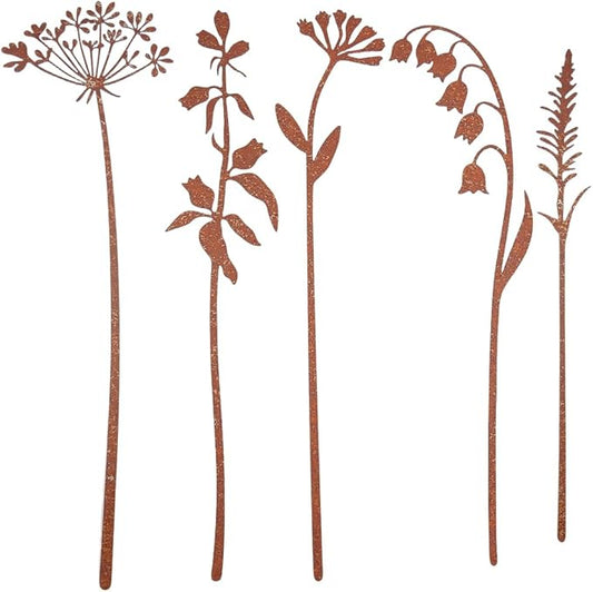 GORGECRAFT 5Pcs 5 Styles Metal Flower Garden Stakes Rusty Iron Rustic Plants Floral Leaf Shaped Art Decorative Signs Stake for Outside Lawn Yard Art Outdoor Walkway Potted Accessory