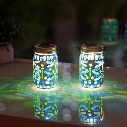 Starsoul Solar Hanging Lanterns Outdoor Waterproof, Mosaic Dragonfly Decor Glass Solar Outdoor Lights, Decorative Solar Lantern for Outside Pathway Patio Porch Yard Decor