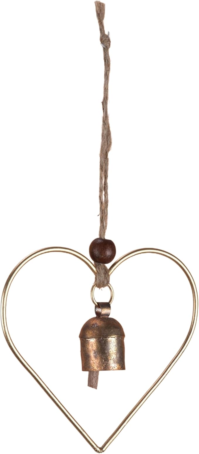 Rustic Heart Bell Wind Chime, Gold Bronze Metal, 5 x 5 inch Heart Frame with 1.5 inch Bell, Indoor Outdoor Decorative Hanging Ornament for Garden, Porch, Valentine's Day