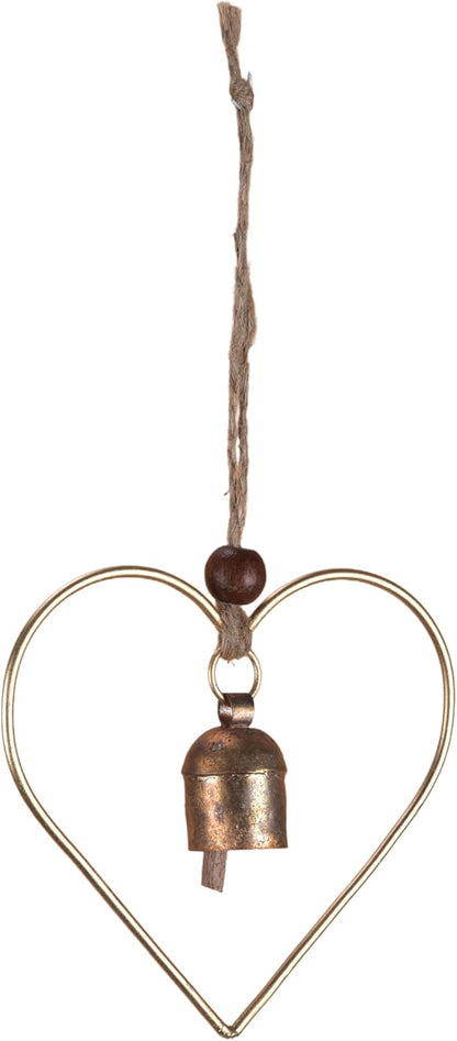 Rustic Heart Bell Wind Chime, Gold Bronze Metal, 5 x 5 inch Heart Frame with 1.5 inch Bell, Indoor Outdoor Decorative Hanging Ornament for Garden, Porch, Valentine's Day