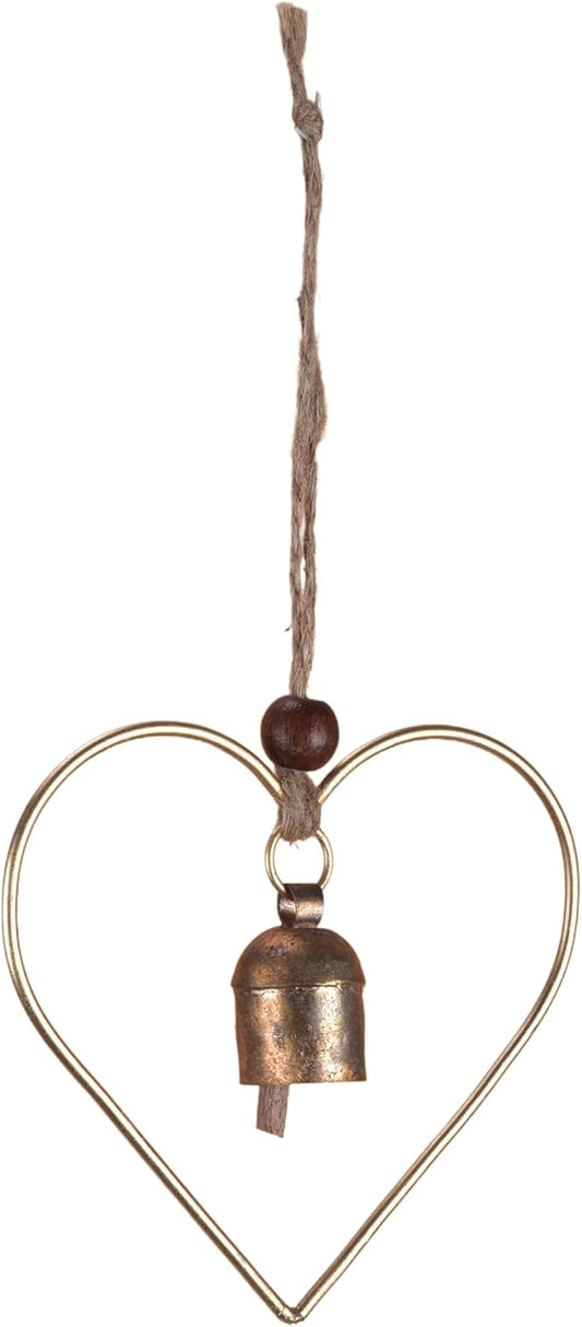 Rustic Heart Bell Wind Chime, Gold Bronze Metal, 5 x 5 inch Heart Frame with 1.5 inch Bell, Indoor Outdoor Decorative Hanging Ornament for Garden, Porch, Valentine's Day