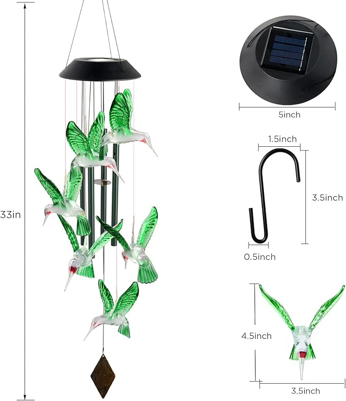 Hummingbird Solar Wind Chimes Outdoor, Father Gift, Birthday Gifts for Mother,Husband,Stepdad,Women,Grandma,Daughter,Aunt,Friend,Wife,Sister. dad and mom Gardening Gifts, Yard Decor