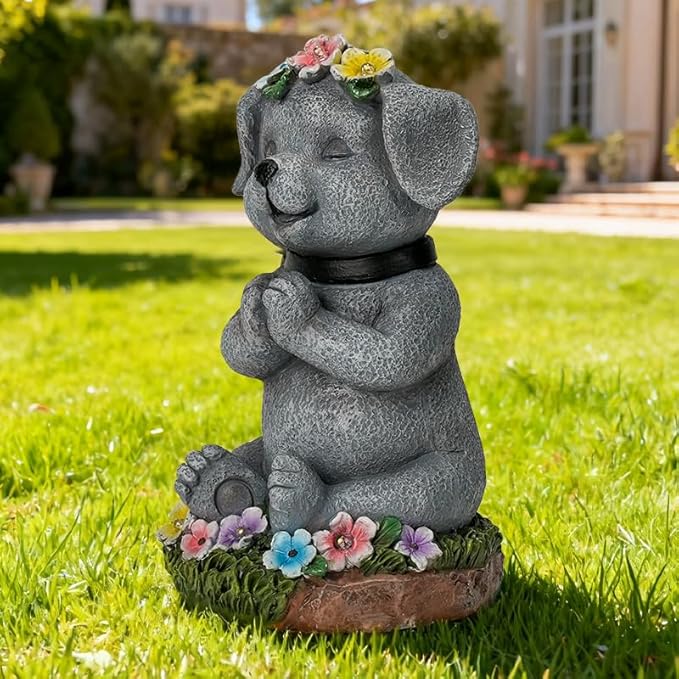 Meditating Dog Garden Statue with Solar LED Lights - Zen Yoga Puppy Figurine with Succulents, Waterproof Resin Decor, 8.7" Outdoor Sculpture, Heartwarming Dog Lover Gifts for Women, Mom, Yard Art