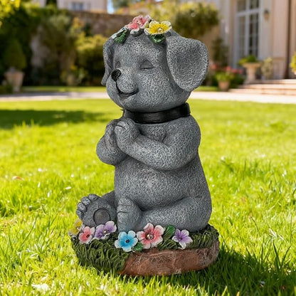 Meditating Dog Garden Statue with Solar LED Lights - Zen Yoga Puppy Figurine with Succulents, Waterproof Resin Decor, 8.7" Outdoor Sculpture, Heartwarming Dog Lover Gifts for Women, Mom, Yard Art