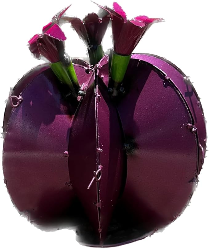 Handmade Metal Bisnaga Cactus with Flowers - Garden Art Decor (Purple)