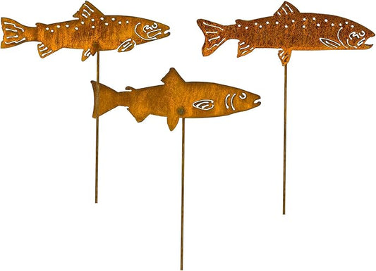 Swimming Trout Garden Stake Set of 3, Made in USA, Rusty Steel, Real Rust Finish (Small)