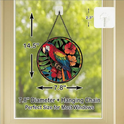 Stained Glass Window Hanging - Tropical Parrot with Hibiscus Flowers Sun Catchers Indoor Stained Glass Panels Wall Decor for Mom,Wife,Lovers,Festive