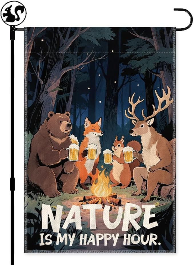 Nature Is My Happy Hour Garden Flag, Double Sided Farmhouse Lawn Outdoor Decor Yard Flags Gifts, Funny Campsite Yard Flag Gifts for Camping Lover, 12x18 In, Forest Animal Banner For Camper