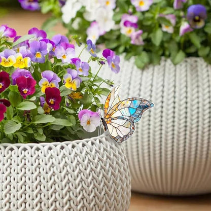 JOONOR 2 Pieces Stained Acrylic Butterfly Flower Pot Hugger Cute Animal Statue for Planter Hanger Decorations Outdoor Fairy Garden Planter Edge Accessories,Butterfly