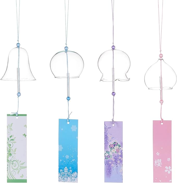 BENECREAT 4Pcs 4 Colors Japanese Wind Chimes, Handmade Glass Wind Bells Pendant for Home Garden Wedding Indoor Outdoor Decoration, About 16" Long