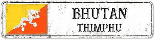Personalized Bhutan Street Sign Bhutan Flag Signs Capital City of Bhutan Metal Sign Road Rustic Wall Art Country City Indoor & Outdoor Decor for Home Man Cave Door Porch Garden Party 12x3inch