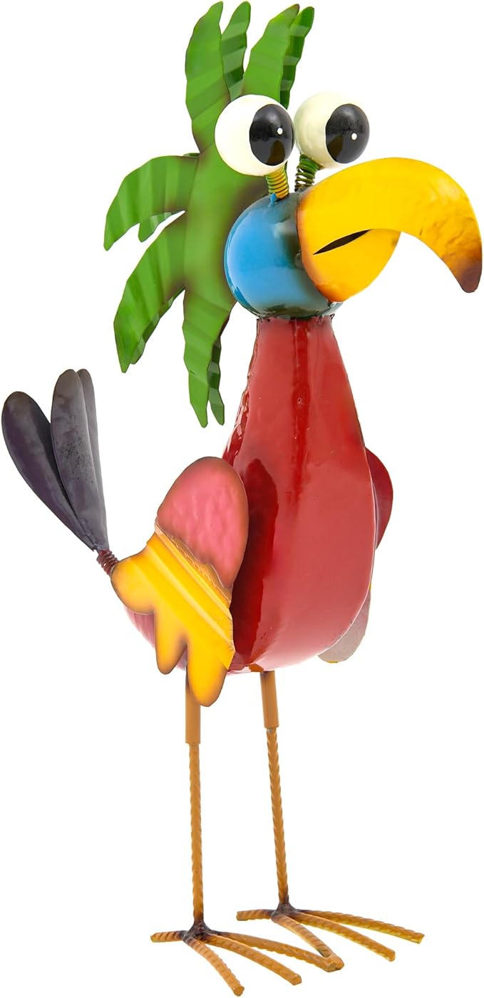 19.7" Unique Cartoon Tiki Bird Decor, Handcrafted Large Parrot Sculpture with Ground Stake, Weatherproof Metal Yard Art for Patio, Lawn, Balcony or Indoor Home Decor, Ideal for Parties & Gifts